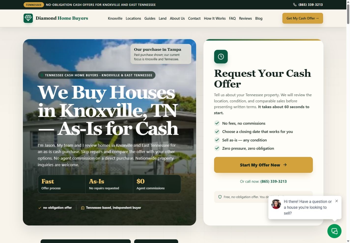 Diamond Home Buyers live homepage captured October 12, 2026, showing Knoxville cash-sale information